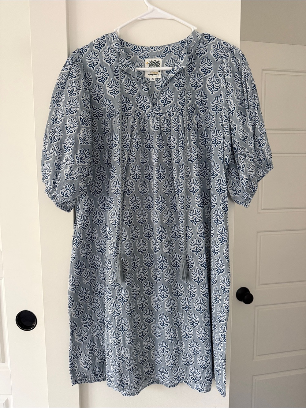 Light Blue Printed Mini Dress with Tassel Tie